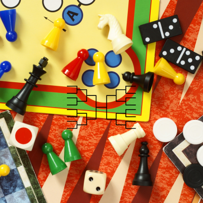 Board game pieces with a tournament bracket