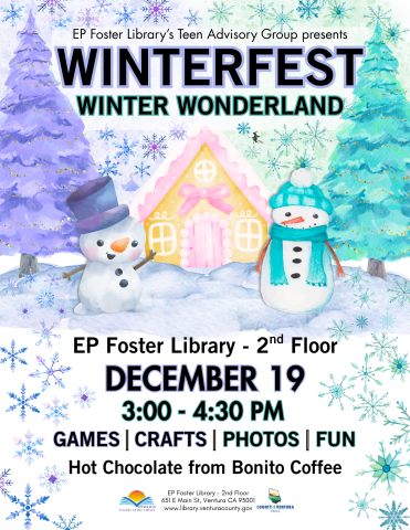 Snowmen in front of a winter trees and snowflakes for Winterfest at EP Foster Library