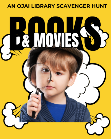 an Ojai library Scavenger hunt books and movies.  Small child dressed like Sherlock Holmes with a magnifying glass. 