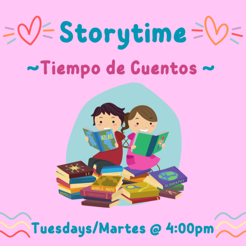 Storytime.  Tiempo de Cuentos.   Tuesday, Martes at 4:00pm.  Two children, sitting down reading by a pile of books.