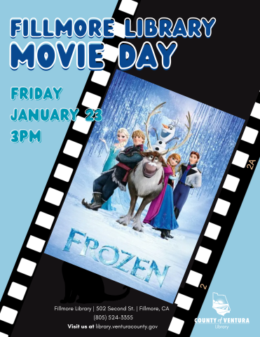Movie day event info with Frozen movie poster in a film reel