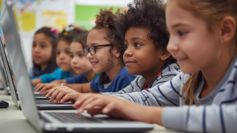 Children play and learn on library laptops