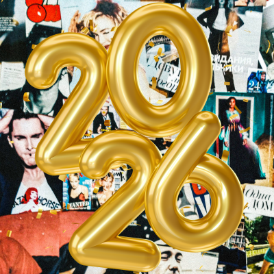 balloons in the numbers 2026 with magazine cutouts in the background