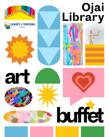 Ojai Library art buffet. Bold color blocks with  art pieces and some colored pencils