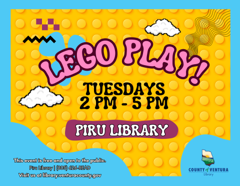 Lego background and pixelated clouds with Lego Play event info