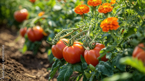 Red tomatoes in a garden.