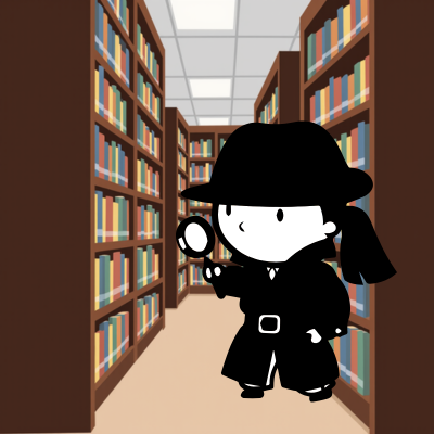 a spy looking around a library