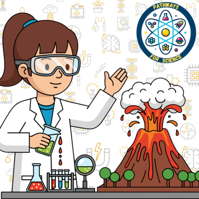 a girl building a volcano with science instruments in the background