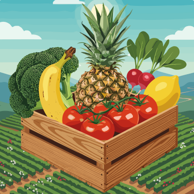 a wood box filled with fruit with a farm field as a background