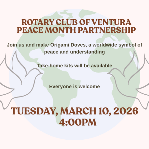 Flyer with world globe in the background and peace doves promoting the Origami Craft Event