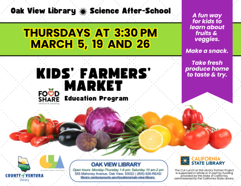Information about a nutrition activity for children at Oak View Library with a graphic featuring fruits and vegetables.