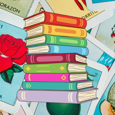 stack of books with loteria cards as a background