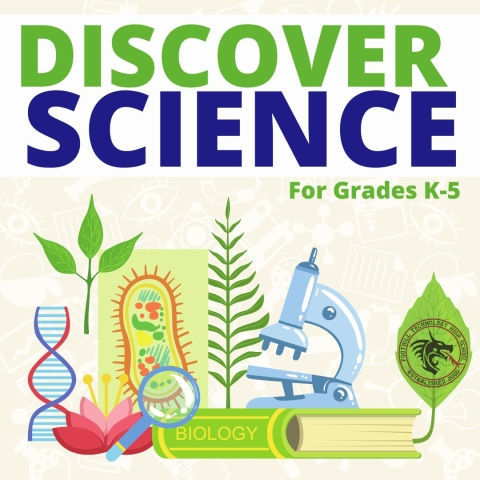 Discover Science logo over stock images of illustrated laboratory equipment with text "For Grades K through 5"