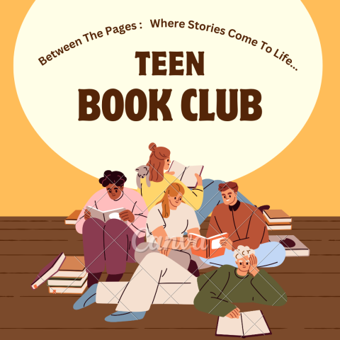 Graphic of teens reading on floor - Teen Book Club