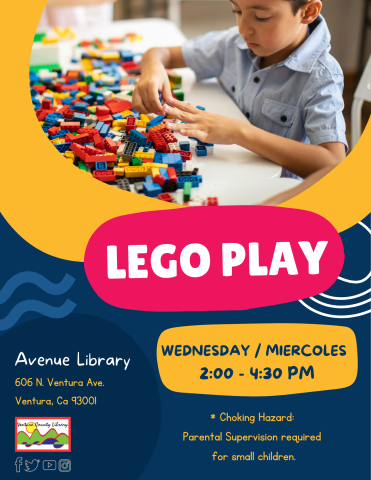 LEGO play every Wednesday from 2pm to 4:30pm.  Small child playing with LEGO pieces.