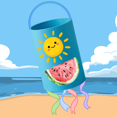 a paper lantern with a beach background