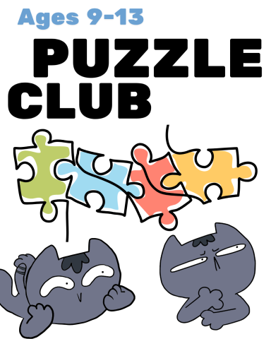 Ages 9-13 Puzzle Club, two black cats thinking about puzzles.