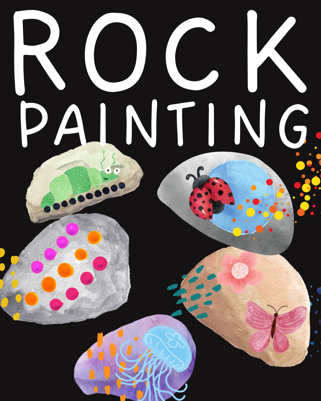 Rock Painting. Watercolor illustrations of rocks with paint on them.
