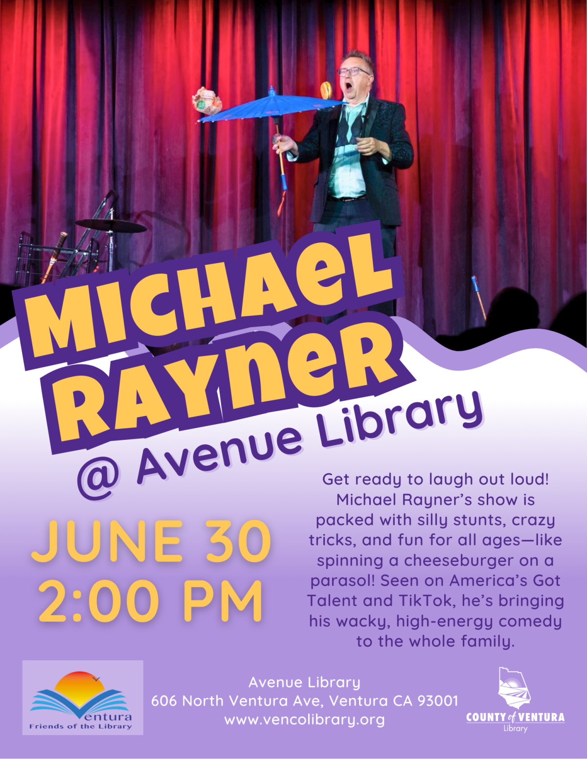Juggler/Magician Michael Rayner balances a cheeseburger on an umbrella