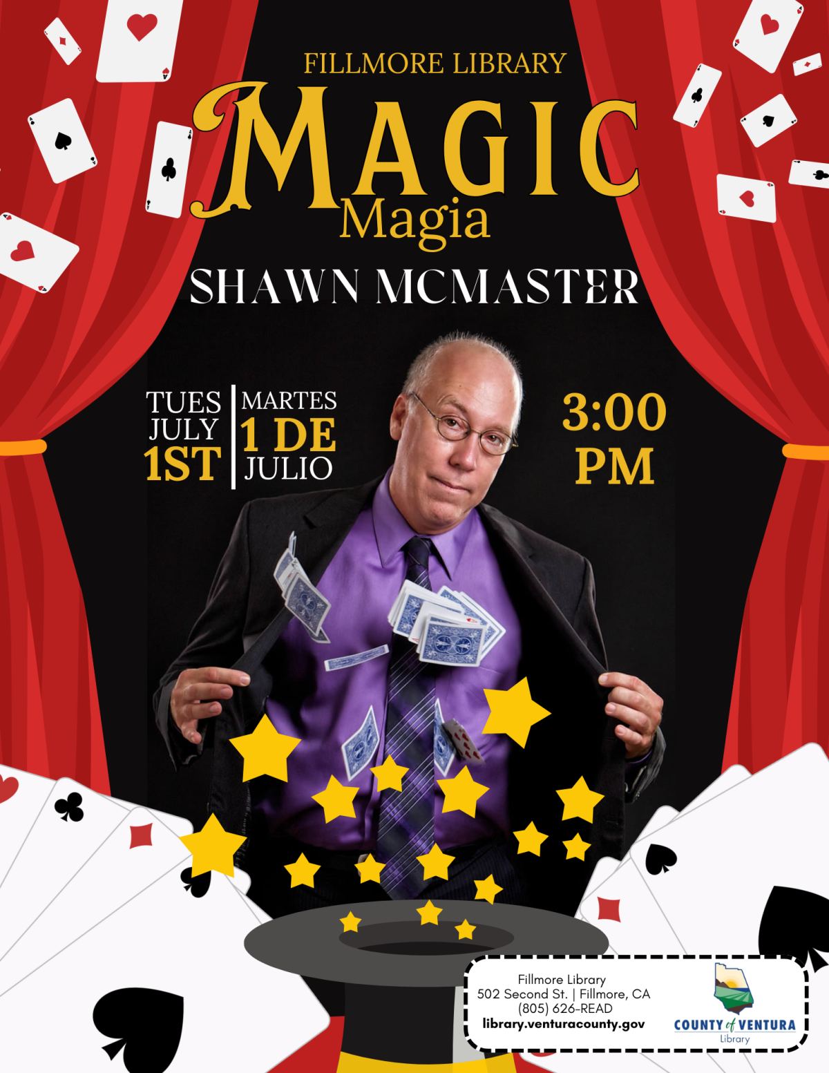 image of magician Shawn McMaster with playing cards and magic hat