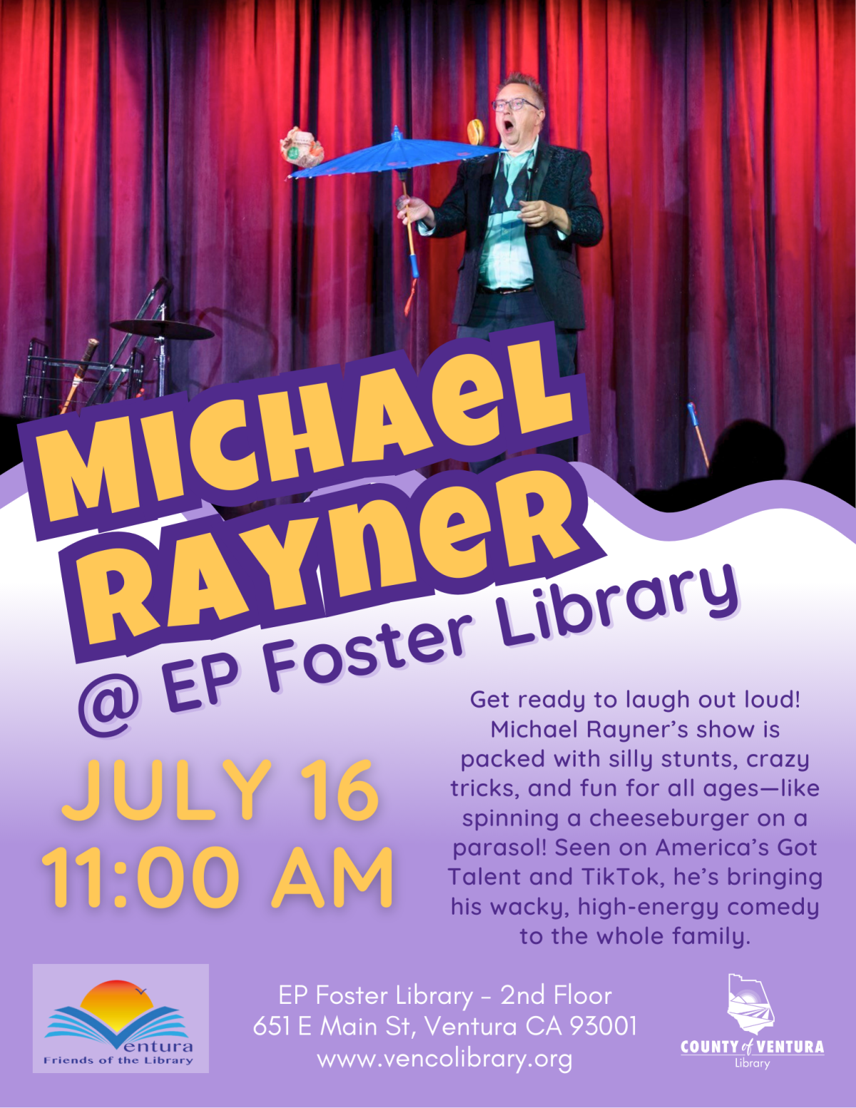 Juggler/Magician Michael Rayner balances a cheeseburger on an umbrella