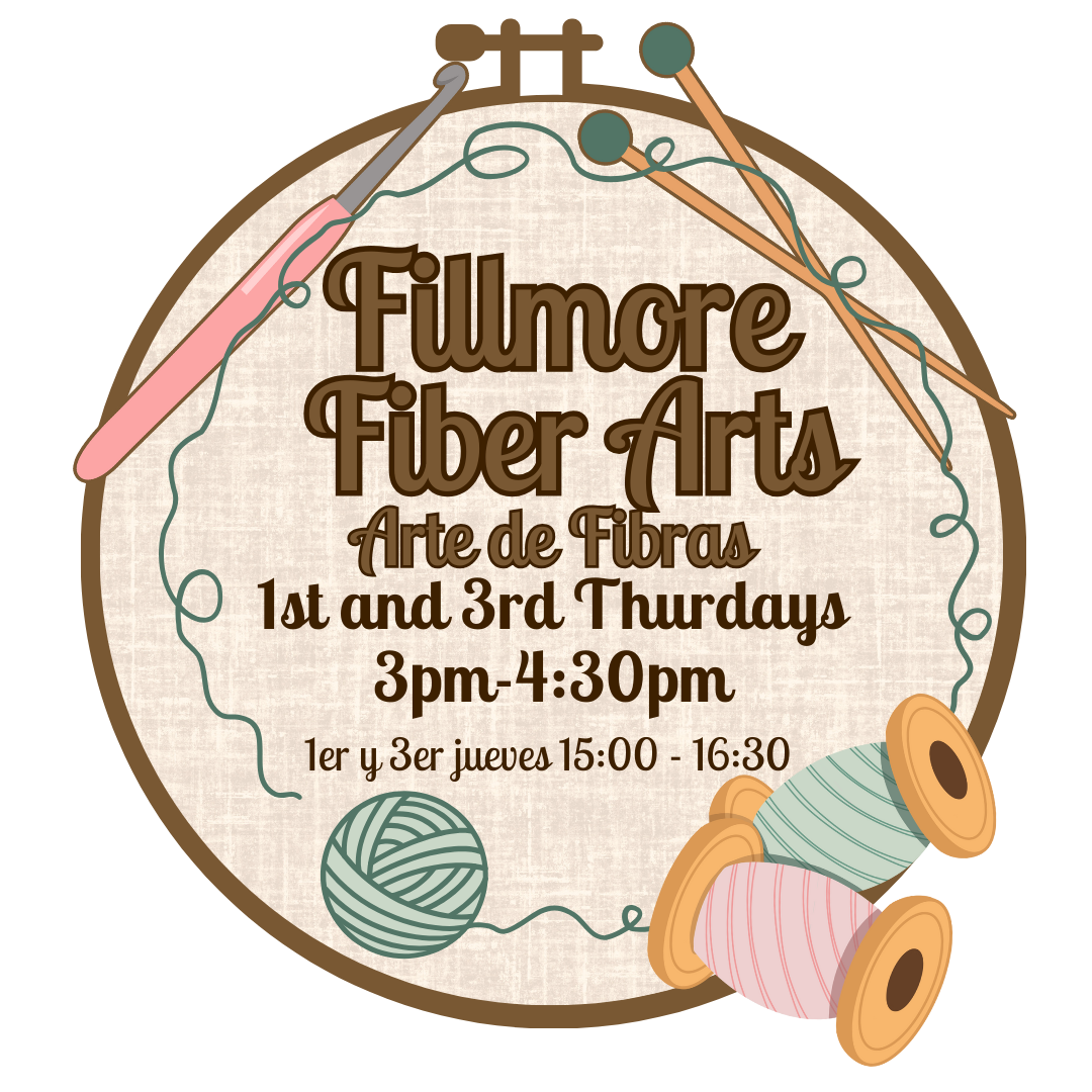 Embroidery hoop with fiber arts supplies and event details.