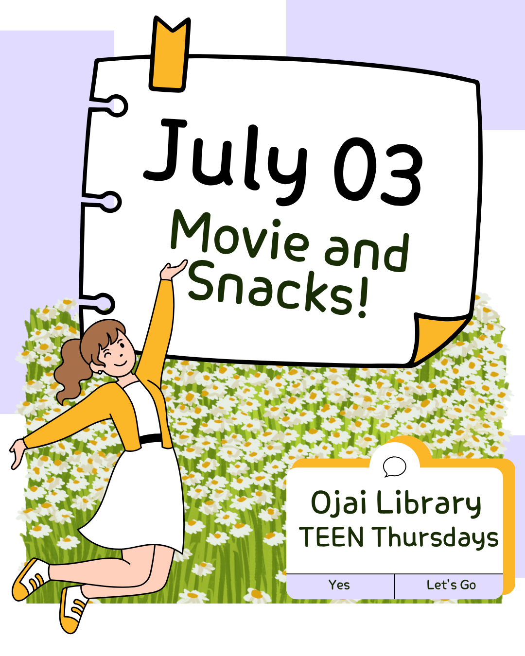 July 03 Movie and Snacks! Ojai Library TEEN Thursdays. Jumping joyful teen with flowers.