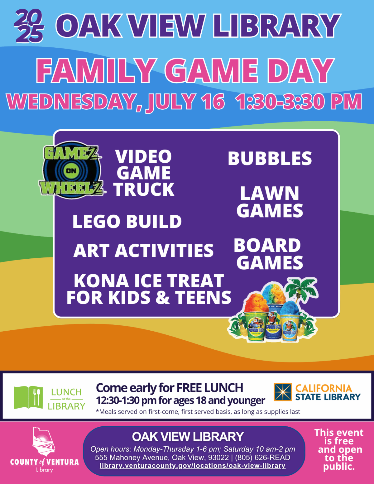 Information about Family Game Day event, including Gamez on Wheelz videogame truck and Kona Ice.