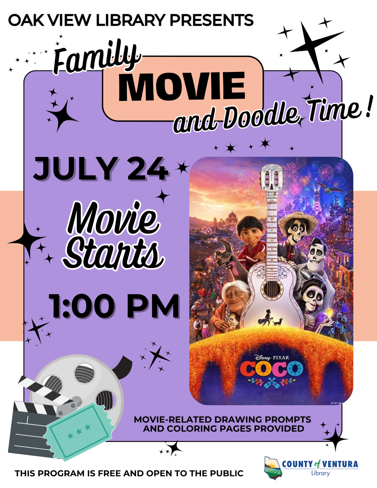 Information about Oak View Library's movie matinee for July 24, 2025 at 1pm featuring Coco