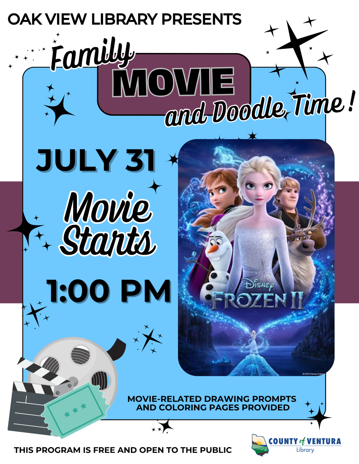 Information about Oak View Library's movie matinee for July 31, 2025 at 1pm featuring Frozen 2