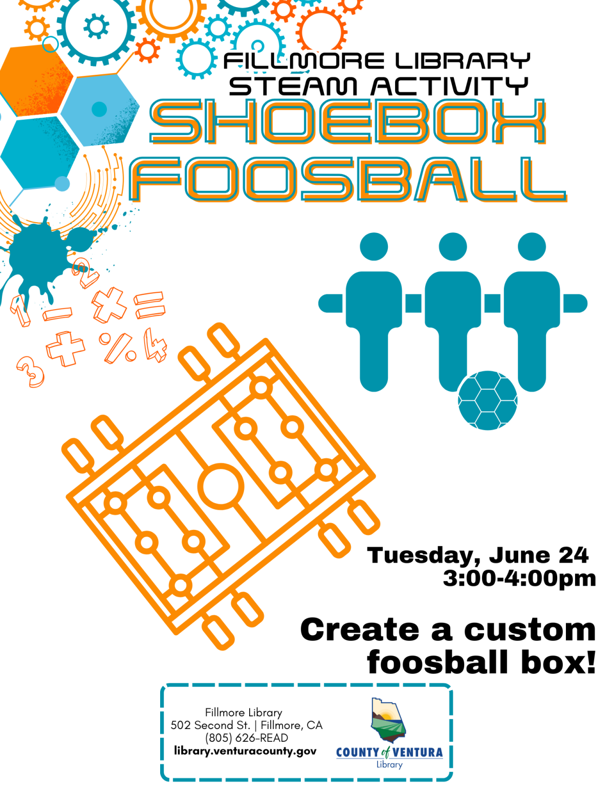 Foosball figures and an overhead drawing of a foosball table with program info