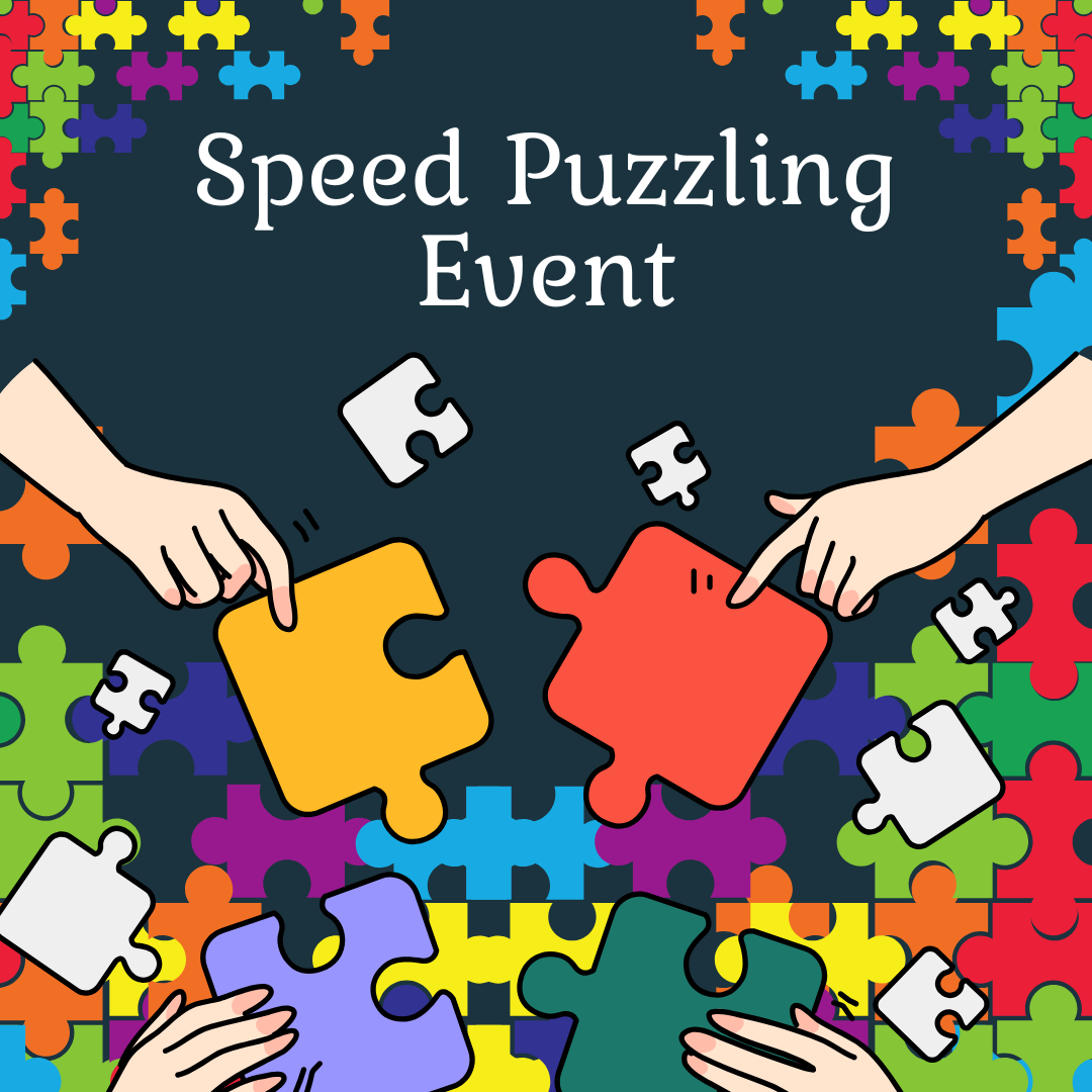 Grapics of puzzle pieces and hands - Speed Puzzling Event