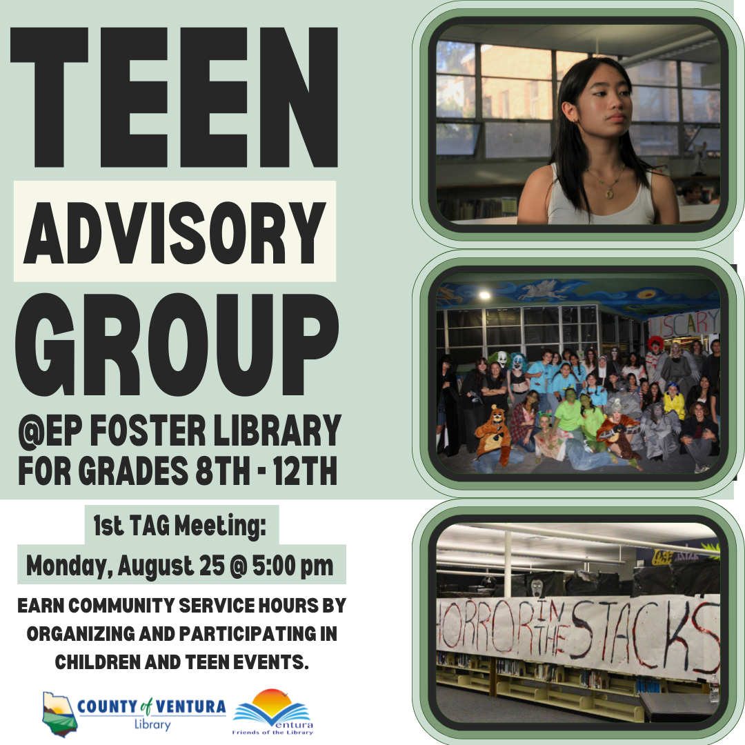 Teen Advisory Group, Teenage girl, group of teens dressed in costumes, horror in the stacks sign
