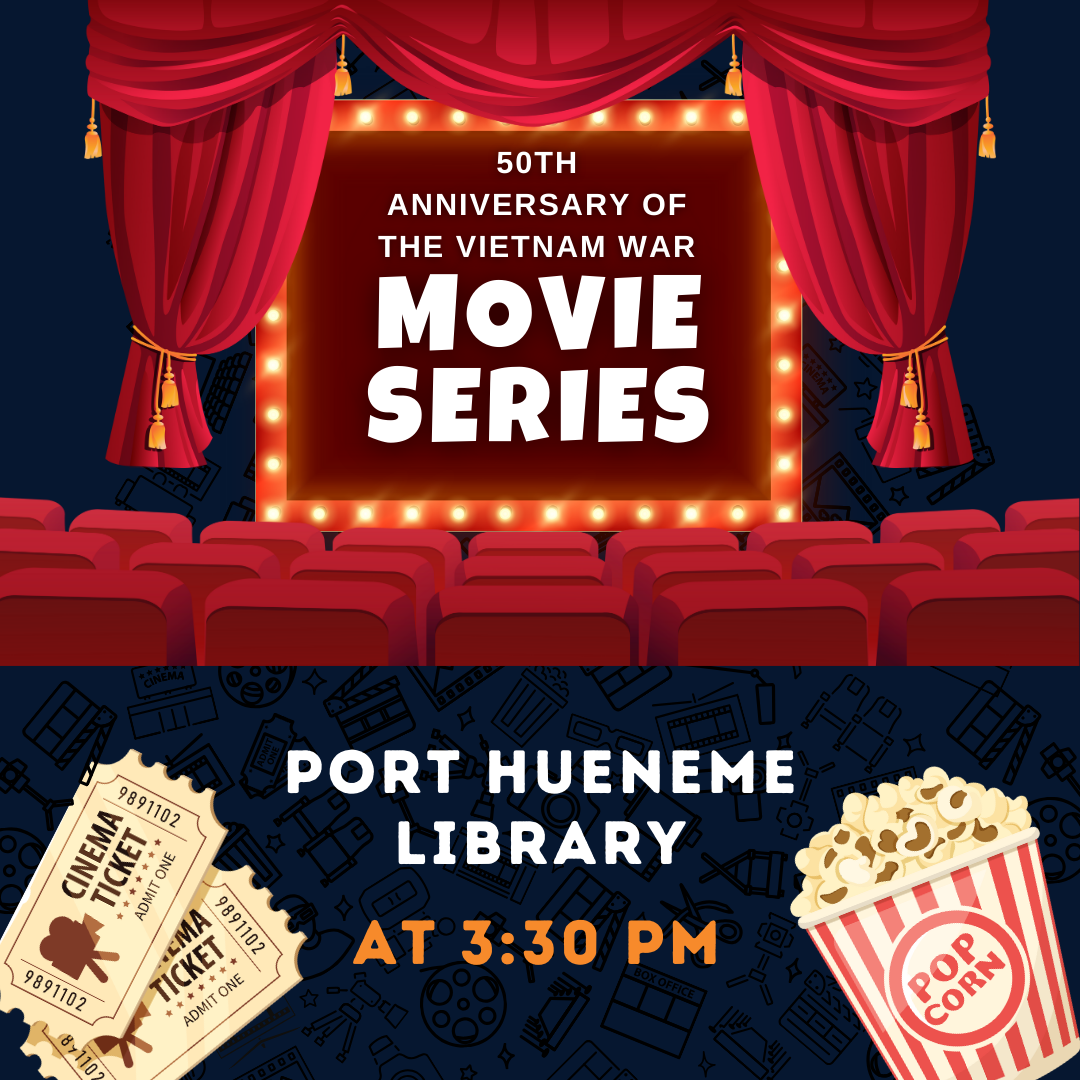 graphics of movie curtains, tickets, and popcorn - Movie Series - Port Hueneme Libray