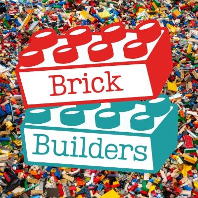 Lego logo with the words Brick Builders with LEGO bricks as a background.