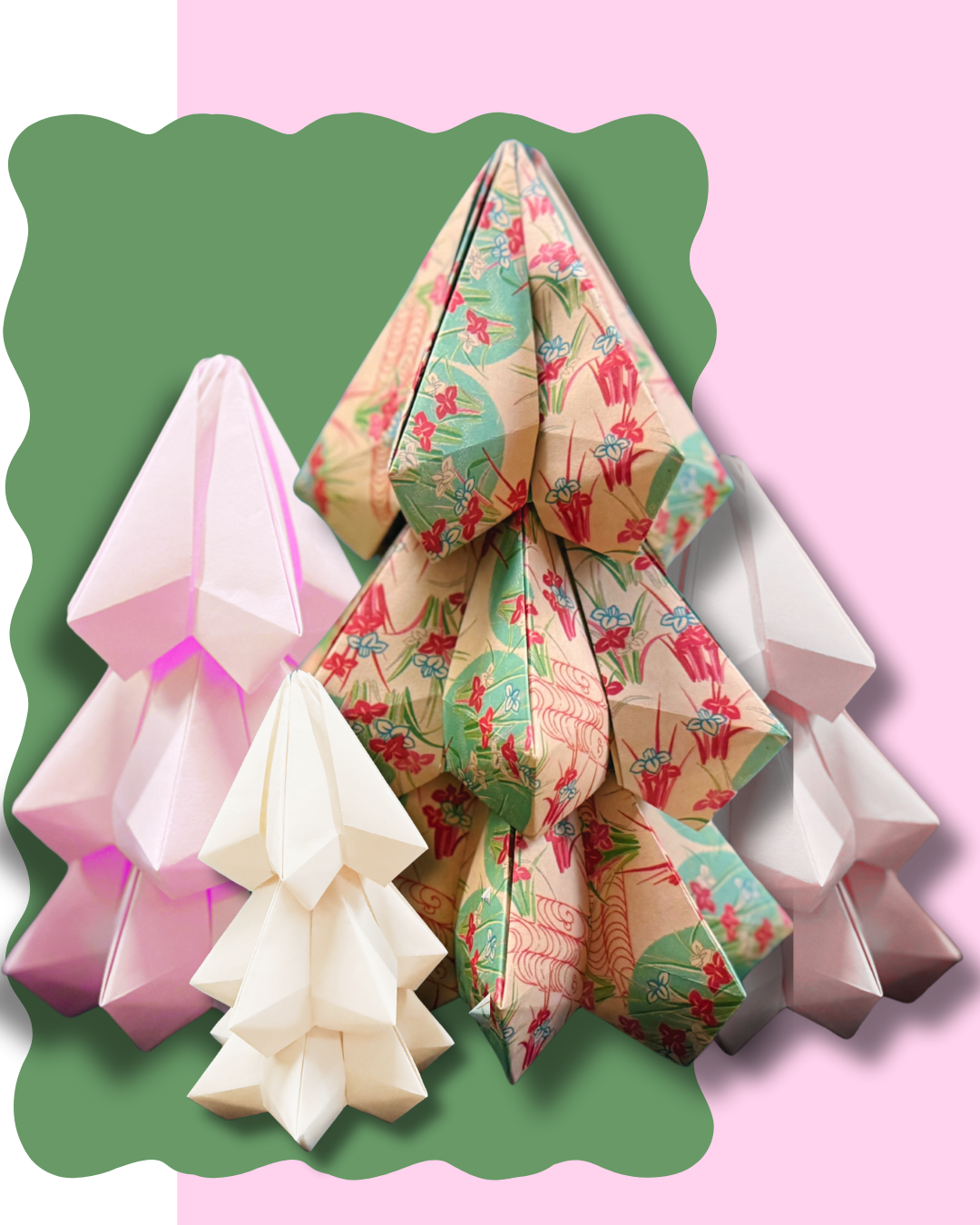 festive origami evergreen trees with pink and green background.