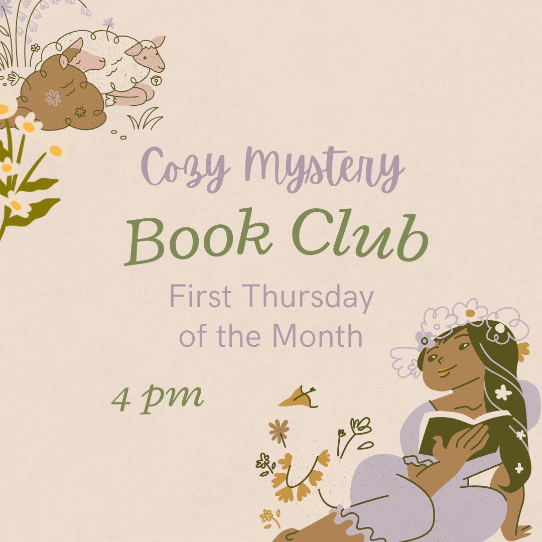 Graphics of flowers, two sheep, and a woman reading a book - Cozy Mystery Book Club