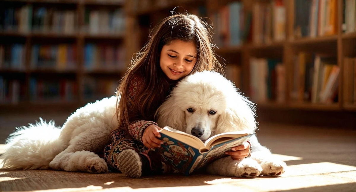young child reads to a white poodle