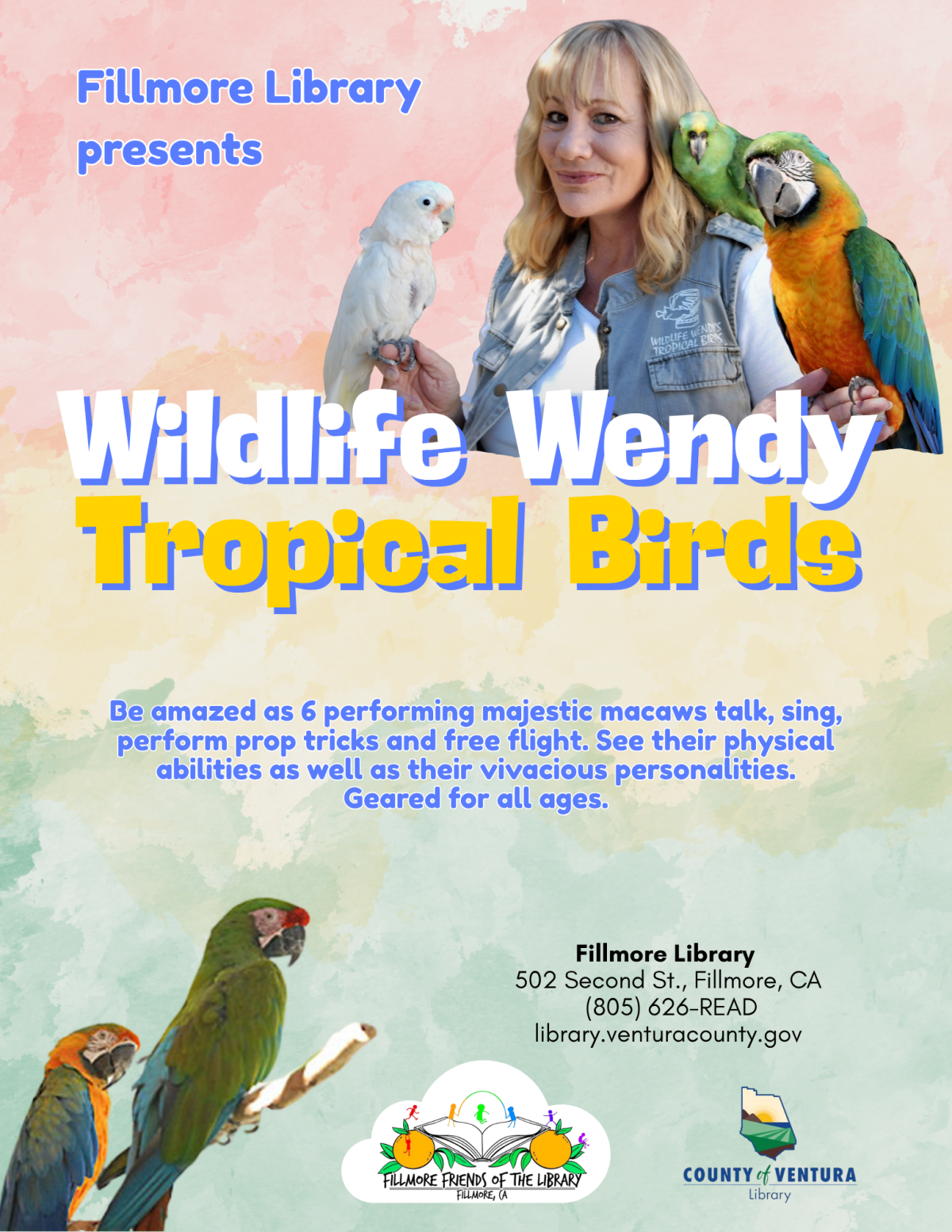 Lady with tropical birds and event info