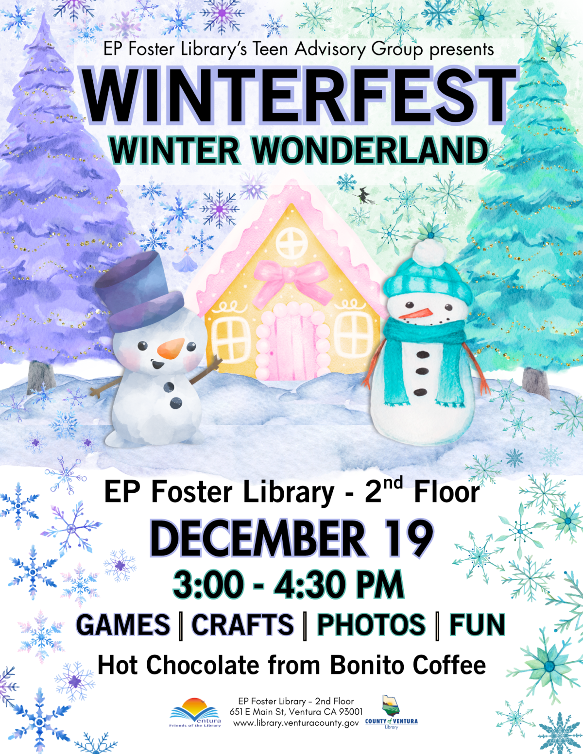 Snowmen in front of a winter trees and snowflakes for Winterfest at EP Foster Library