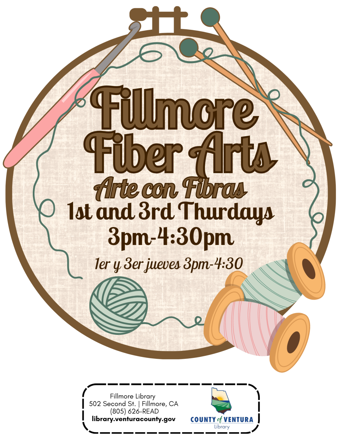 Embroidery hoop with Fillmore Fiber arts, thread spools, yarn, knitting needles and a crochet hook