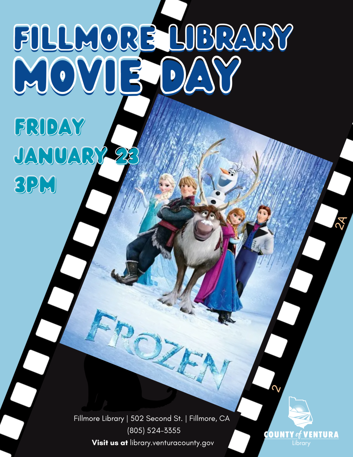 Movie day event info with Frozen movie poster in a film reel