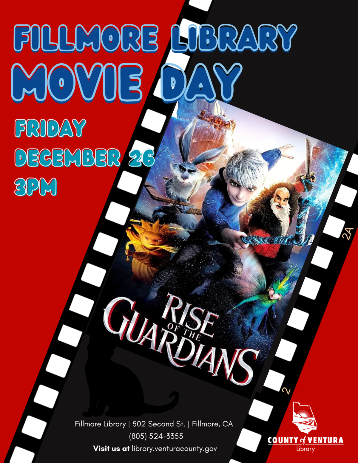 Movie day event info with Rise of the Guardians movie poster in a film reel