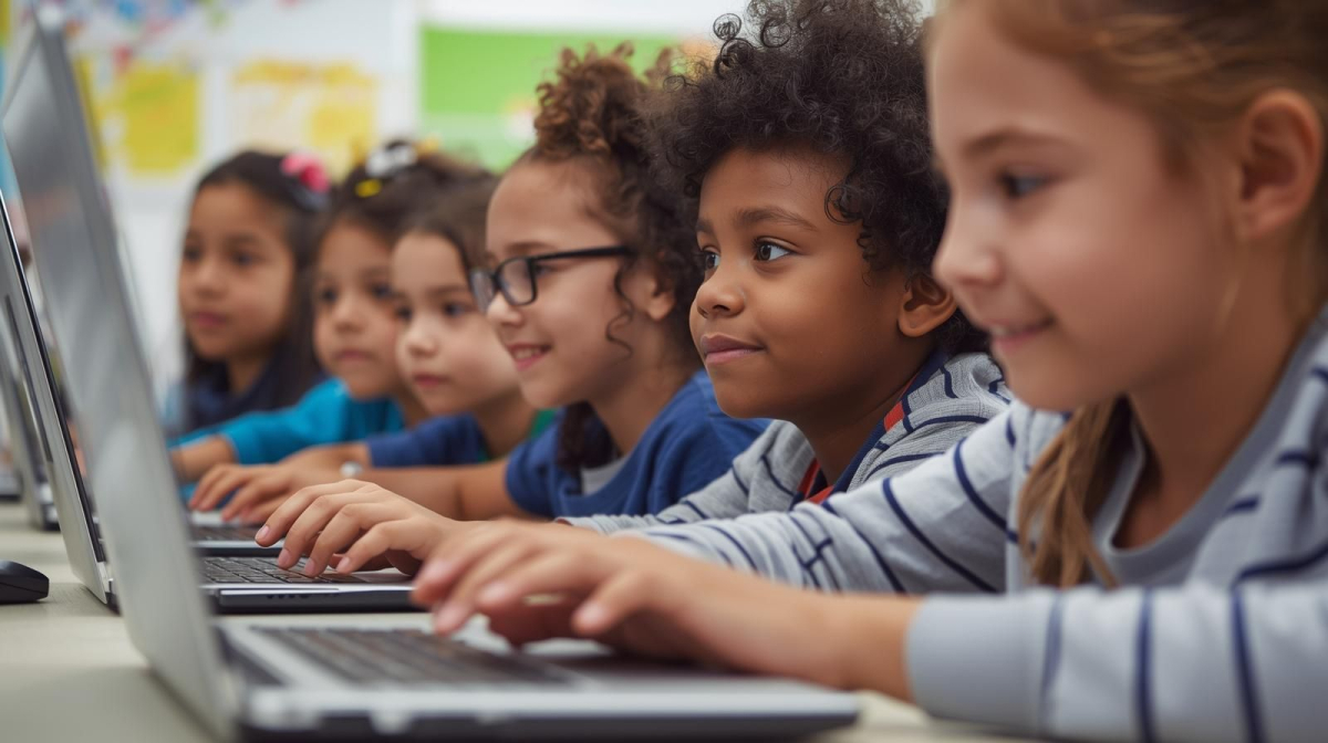 Children play and learn on library laptops