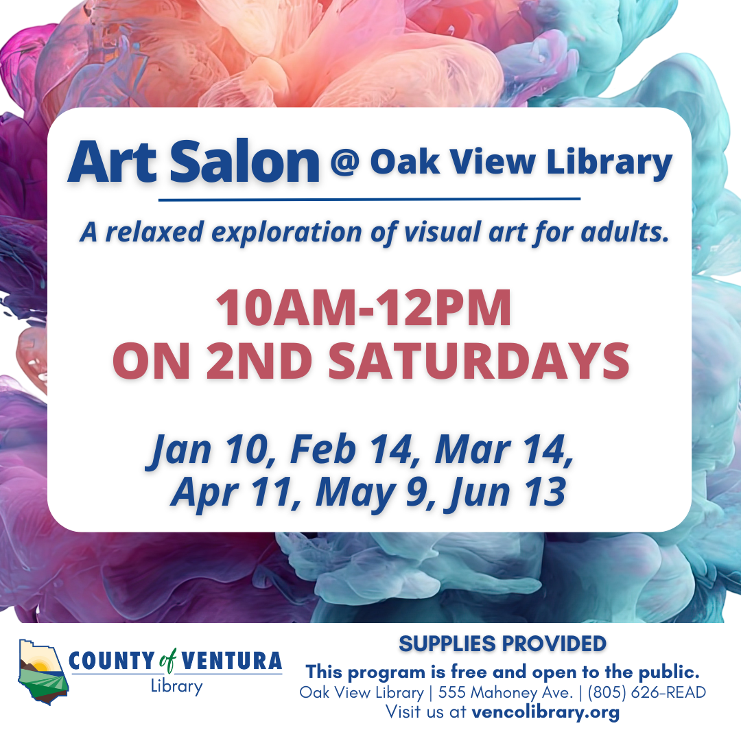 Information flyer for Oak View Library Art Salon for Adults on multicolored background.