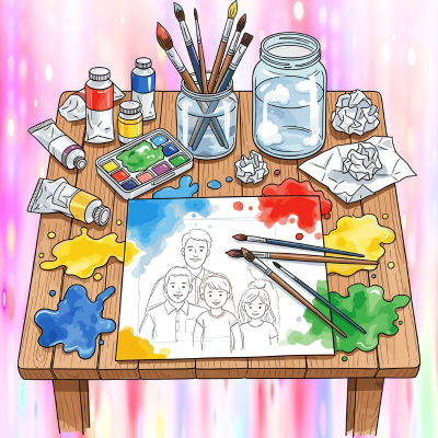 Art supply tables with watercolor drips as a background 