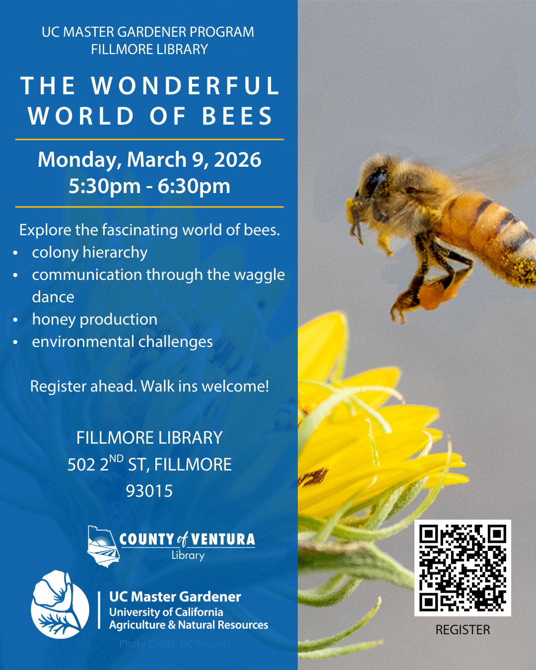 bee near a flower with master gardener's event info