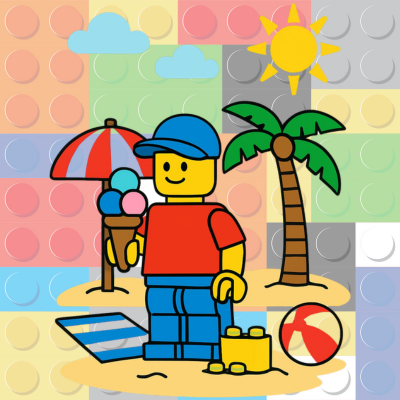 Lego minifigure at the beach with lego bricks as a background