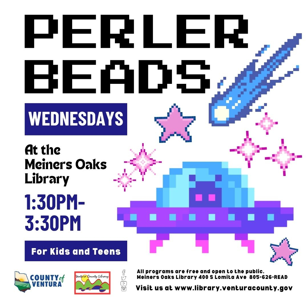 Perler Beads at the Meiners Oaks Library.  Pixelated images of a space ship, a comet and stars.