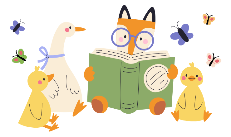 Storytime fox reading to ducks and butterflies